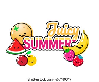 Hand drawn illustration of cute fruits and Juicy Summer lettering on a white background
