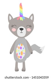Hand drawn illustration of a cute funny wolf girl unicorn. Scandinavian style flat design. Concept for children print.