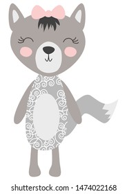 Hand drawn illustration of a cute funny wolf girl. Scandinavian style flat design. Concept for children print.