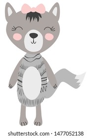 Hand drawn illustration of a cute funny wolf girl. Scandinavian style flat design. Concept for children print.