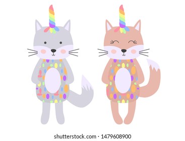 Hand drawn illustration of a cute funny cat girl-unicorn and boy-unicorn. Scandinavian style flat design. Concept for children print.