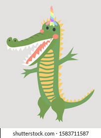 Hand drawn illustration of a cute funny crocodile with a unicorn horn, Scandinavian style flat design. Concept for children print.