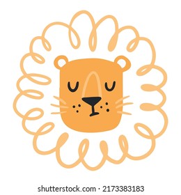 Hand drawn illustration of a cute funny lion face