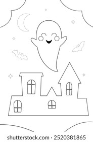Hand drawn illustration of cute ghost and castle. Halloween coloring page for children and adults. Vector illustration for kindergarten, school, print.