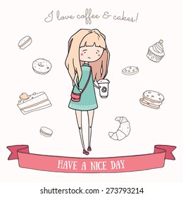 Hand drawn illustration of a cute girl character with coffee. Cake doodle icons on the background.
