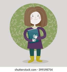 Hand drawn illustration of a cute girl with book. Warm colored card