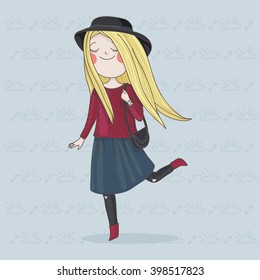 Hand drawn illustration of a cute jumping girl. Girl in a hat. Background, postcard.
