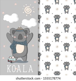 Hand drawn illustration of cute koala with seamless pattern in the white backdrop