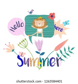 Hand Drawn Illustration of a Cute Little Lion in a Bubble, Falling Flowers, Quote Summer. Isolated objects on white background. Flat style design. Concept for change of seasons, kids print