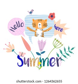 Hand Drawn Illustration of a Cute Little Tiger in a Bubble, Falling Flowers, Quote Summer. Isolated objects on white background. Flat style design. Concept for change of seasons, kids print