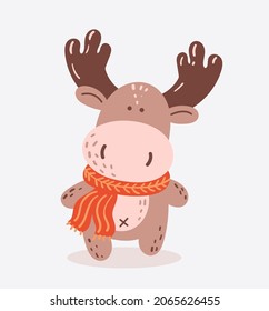 Hand drawn illustration of a cute little deer with a scarf in cartoon style. Vector on white background