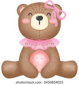 Hand drawn illustration of a cute little bear wearing a pink scarf in a sitting position.