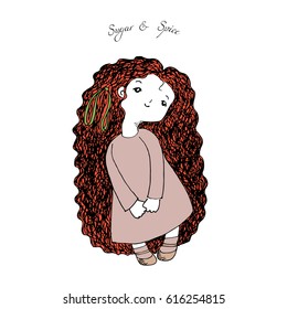 Hand drawn illustration cute little girl and very long hair  in simple dress   Mary Jane shoes  looking up  Sugar   Spice  Design for children  postcard  poster  sticker  T  shirt print 