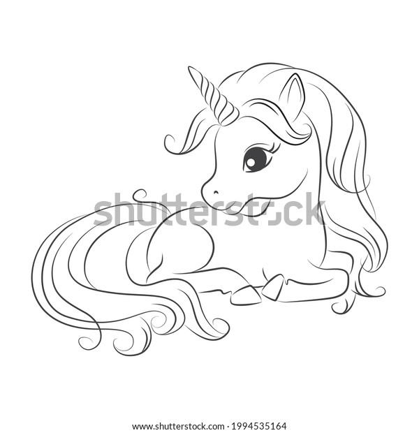 Ilustración de mano del lindo unicornio. Blanco y negro. Aislado