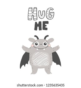 Hand drawn illustration with cute monster and text Hug me.