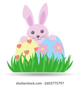 Hand drawn illustration of cute pink rabbit with easter eggs with grass and shadow on white background.