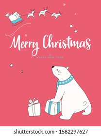 Hand drawn illustration with cute polar bear received a gift from Santa, lettering text Merry Christmas.
