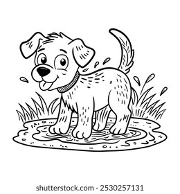 Ilustração desenhada à mão de um cachorrinho bonito brincando em uma poça