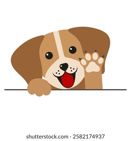 Hand drawn illustration of a cute puppy with a raised paw on a white background.