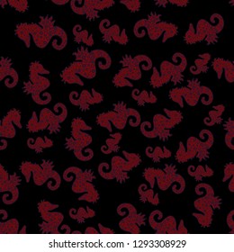 Hand drawn illustration. Cute seamless pattern for girls, boys, clothes, wallpaper. Funny hippocampus. Watercolor illustration. Summer exotic symbol. Vector. Black, gray and red and turquoise sea life