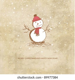 Hand drawn illustration of cute snowman on vintage paper background