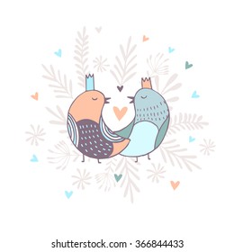  Hand drawn illustration, Cute  sweet birds with text I love you.