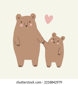 Hand Drawn Illustration of Cute Teddy Bears Holding Hands. Vector  Design in Neutral Colors. Ideal for Kids Playroom, Nursery Wall Art or a Greeting Card.