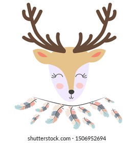 Hand drawn illustration of a cute tribal deer in headband with feathers. Scandinavian style flat design. Concept for children print.