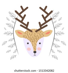 Hand drawn illustration of a cute tribal deer in headband with feathers. Scandinavian style flat design. Concept for children print.