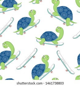 Hand drawn illustration of a cute turtle on a skateboard . Vector seamless pattern for birthday, anniversary, party invitation, scrapbooking, t-shirt, greeting card. Vector illustration.