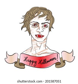 Hand drawn illustration of a cute vampire, Halloween card with greetings on a bloody ribbon