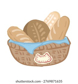 Hand drawn illustration of cute woven bakery basket filled with fresh delicious assorted breads