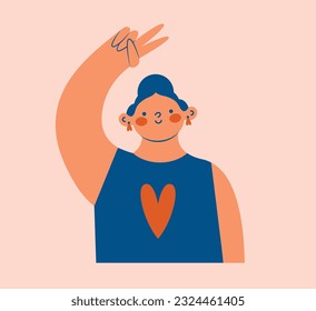 Ilustración dibujada a mano con una linda joven muestra una señal de victoria con la mano. Caricatura graciosa con signo de v. Cuerpo positivo, amor propio, concepto de apoyo a la salud mental. Pinza vectora para pegatinas, tarjeta