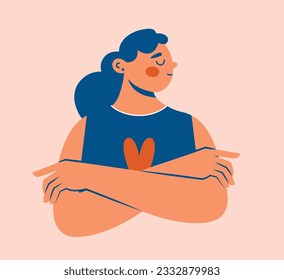 Hand drawn illustration with cute young woman with crossed arms. Cartoon funny girl. Body positive, self love, nervous person, neglect, affront, resentment, snub concept. Vector clip art for sticker