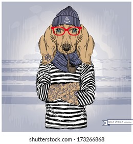 Hand drawn illustration of dachshund sailor with tattoo