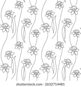 Hand drawn illustration. Daffodil flower seamless pattern vector. Abstract outline botanical backdrop. Line continuous wallpaper, cartoon background, fabric, textile, minimal print.