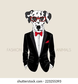 hand drawn illustration of dalmatian dog dressed up in tuxedo