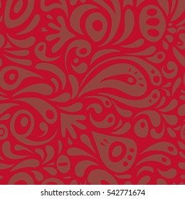 Hand drawn illustration. Damask seamless pattern in brown and red colors. Oriental style. Design for fabric, wallpaper, background, invitation, wrapping and book covers. Vector vintage floral ornament