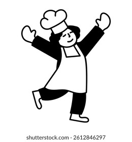 A hand drawn illustration of a dancing chef character 
