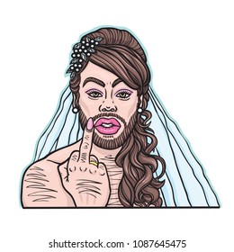 Hand drawn illustration of dark haired and bearded person showing middle finger with golden ring wearing bridal wedding dress. Isolated vector on a white background.