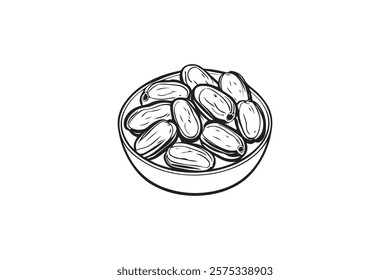 Hand drawn illustration of dates, Ramadan food. Islamic doodle vector design element. Bowl sketch style outline icon illustration.
