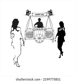 Hand drawn illustration of a Dawet Ayu seller in Indonesia. Dawet Ayu is a traditional drink from Banjarnegara, Central Java, made from coconut milk.