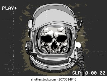 Hand drawn illustration of dead astronaut with space helmet and skull inside it.