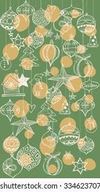 Hand drawn illustration of the decoration for Christmas holiday.
Line art patterns of the beautiful light bulbs and balls in beige background with dots drawn randomly.