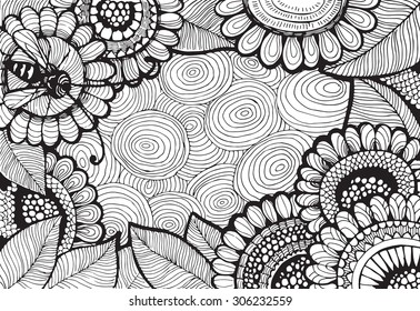 Hand drawn illustration with decorative flowers and bee on white background.