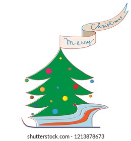 Hand drawn illustration of a decotared Christmas tree in a sleigh with greeetings  ribbon isoalted on white