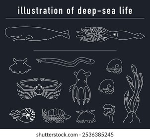 ilustração desenhada à mão da vida marinha profunda