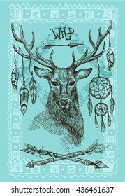 Hand drawn illustration deer. 