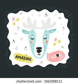 Hand drawn illustration of deer face. Cartoon character for kids, toddlers and babies fashion.