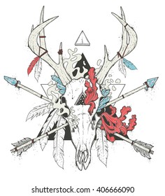 Hand drawn illustration of a deer skull totem with crossed arrows. Magic crystals, smoke and vines growing out of the holes. Horns decorated with feathers and threads. Cool unusual t-shirt design.